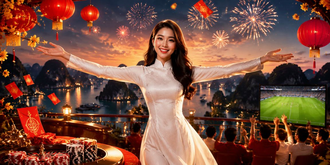 Phong cảnh Vịnh Hạ Long với phong bì đỏ may mắn và trang phục áo dài truyền thống
